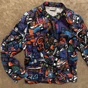 Chicos Jacket Womens Medium 1 Colorful Abstract Button Up Wearable Artsy Boho
